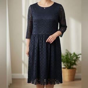 Ann Taylor DARK NAVY AND BLACK Textured Long Sleeve Dress 12